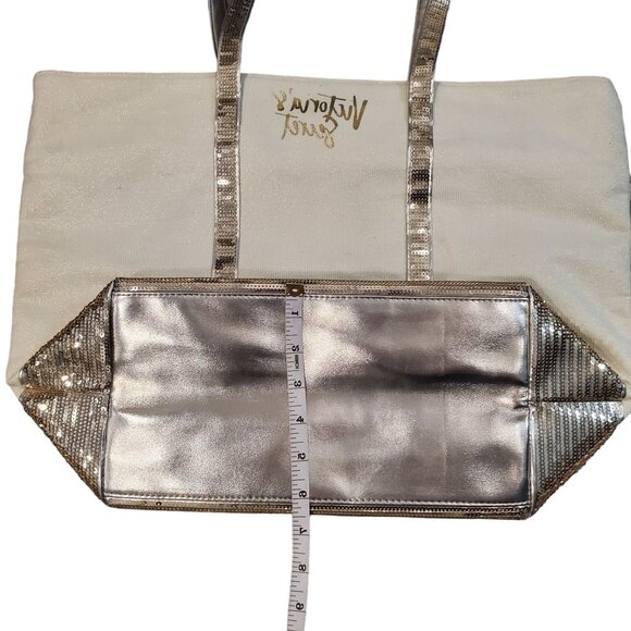 Victoria's Secret Gold Sequin Tote Bag With Double Handles and Zipper Closure - Picture 9 of 11